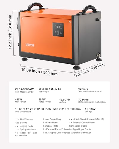 Image of VEVOR 70 Pints Commercial Dehumidifier with Pump, Portable Crawl Space Dehumidifiers for Basement Storage Room Industrial, Auto Defrost /Drainage, Heavy-duty Galvanized Steel, with 2 Drain Hoses