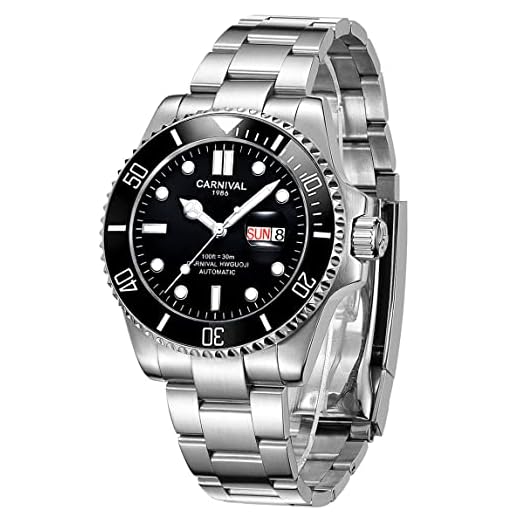 CARNIVAL Mens Rotating Bezel Automatic Machine Stainless Steel Sapphire Glass Waterproof Black Watch (Black dial)