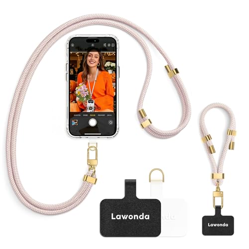Image of 2 Pads Phone Lanyard Crossbody Adjustable Anti Theft Cell Phone Strap for Travel Essentials, Premium Metal Buckles, Universal Neck Wrist Lanyard 2pcs Phone Tether Tab (Pink /Gold)