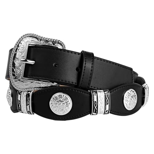 Men's Western Ranger Belt – Full Grain Leather – Scalloped Design, Silver Conchos – Removable Buckle – Cowboy Dress Belt