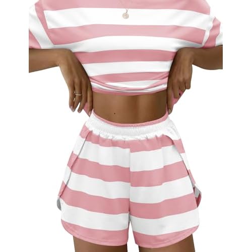 Kistore Summer 2 Piece Pajamas Sets Short Sleeve Sleepwear Pjs Lounge Split Short Sets E-big Pink Stripes Large