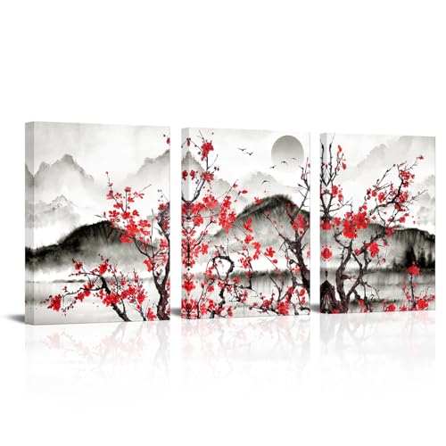 Biuteawal Red Plum Blossom Wall Art 3 Piece Flowers Tree with Mountain Lake Sunrise Painting Chinese Style Canvas Print Nature Scenery Picture for Living Room Home Decor