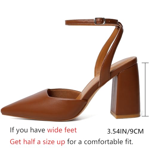 Image of RIBONGZ Block Heels for Women Closed Pointed Toe Heeled Slingback Chunky High Heel Ankle Strap Pumps Patent Leather Comfort Dressy Shoes for Work Party Prom Wedding Bridal Dress