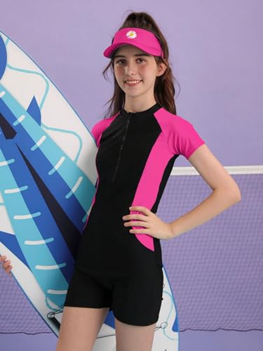 Floerns Girls One Piece Colorblock Stretchy Zipper Front Rash Guard Swimsuit3