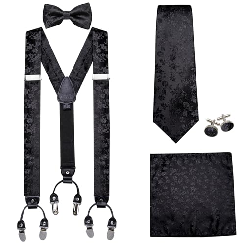 Image of Barry.Wang Men Suspender Set with Necktie Elastic Y Type Heavy Duty 6 Clips Braces Tie Handkerchief Cufflink Pin 6PCS