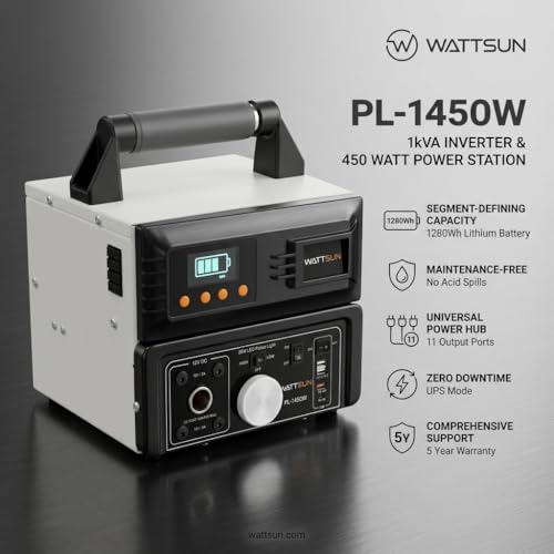 Image of Wattsun 1450W Power Station with 1280Wh Lithium Battery | 2-in-1: 1kVA Inverter + 450W Power Station | Solar Compatible | Backup for Home, Travel & Camping | 15 Year Life | IP32 Rated | 5 Yr Warranty
