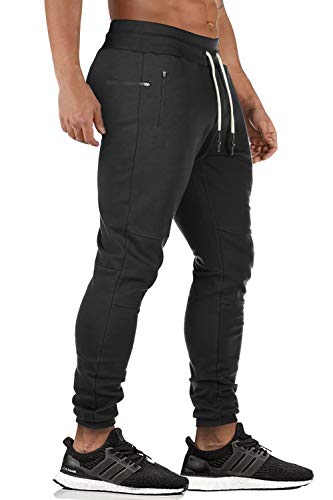 FASKUNOIE Men's Running Pants Gym Athletic Slim Fit Sweatpants Workout Joggers with Zipper Pockets Black