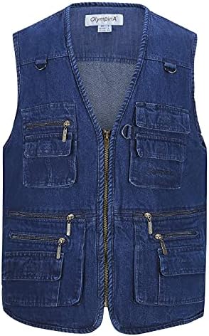Men's Casual Outdoor Cotton Pockets Fishing Photo Journalist Denim Vest (Small, Denim)