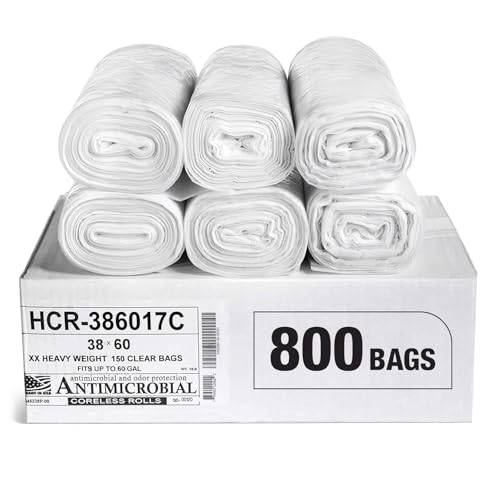 Image of Aluf Plastics 60 Gallon 17 Micron (eq) Clear Trash Bags 38 inch x 60 inch 800 Count