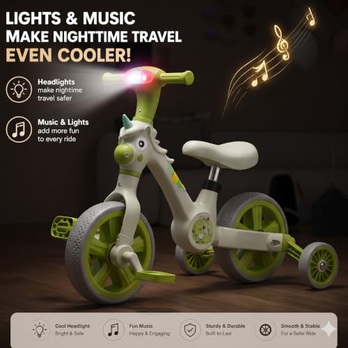 Image of 3-in-1 Kids Tricycle with Music & LED Light | Convertible Tricycle to Balance Bike | Ride-On Cycle for Kids10 Months to 3 Years (Green)