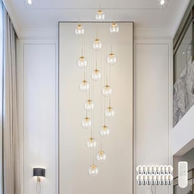 KoKo&Yukina 16-Light Gold Mid Century Modern Chandelier for Living Room Staircase Chandelier for Entryway Clear Globe Glass Chandelier High Ceiling Chandeliers Foyer Entryway (Bulb & Remote Incl.)