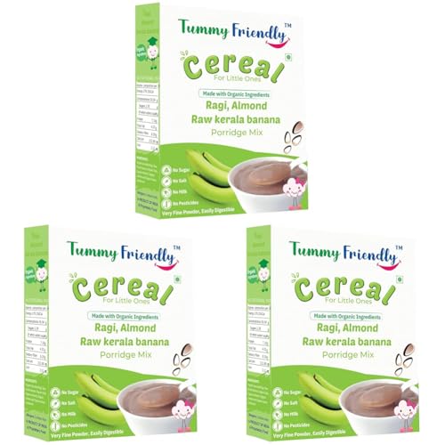 Image of TummyFriendly Foods Certified Organic Sprouted Ragi, Almonds, Raw Kerala Banana Porridge Mix | Made of Sprouted Ragi Powder, Almond Cereal Organic Baby Food for 8 Month. Sprouted for Calcium, Iron | Maximum Nutrition From Real Food | Available in Trial Baby Packs too | Shelf-life 9 month | 200g (RagiKeralaBanana200g)