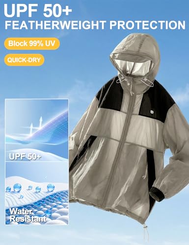 Image of Venzina Men's Slim-Fit Breathable Sun Hoodie -UPF 50+ Ultra-Lightweight Wind-Resistant Jacket with Visor, Color-Block Design, Black Cuffs & Adjustable Hem for Cycling,Commute,Outdoor
