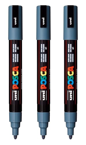 Image of posca PC-5M Water-Based Paint Markers, Reversible Medium Tip (1.8-2.5mm), Slate Grey, 3 Count