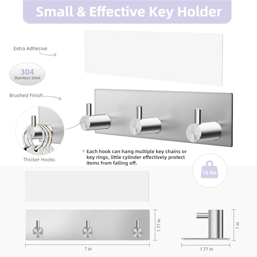 VIS'V Key Holder Wall Mount, Small Metal Self Adhesive Key Hanger with 3 Hooks, No Drilling, Extra Adhesive Strip, Silver by VIS'V - Image 3