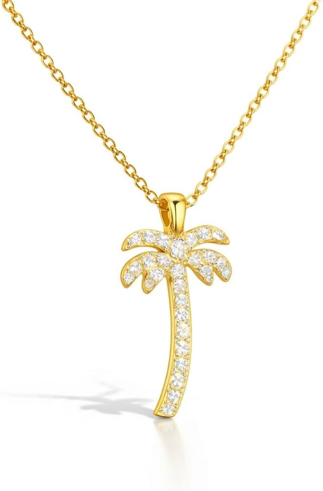 SUPAC Crystal Palm Tree Pendant Necklace, 18.7 Inch Gold Chain, Rhinestone Tropical Charm