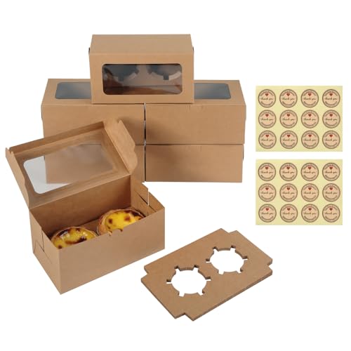 Parastar 16 Stück Kuchenbox 2 Löchern, Kuchen Transportbox mit Fenster und Einsatz, Kraftpapier Muffin Box mit 24 Aufklebern, Braune Tortenkarton Boxen Geeignet für Kekse, Muffins, Desserts, Kuchen