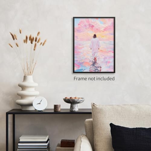 Jesus Walking On Water Pink Wall Art Religious Christian Oil Painting Canvas Poster Modern Aesthetic Artwork Decor for Bedroom Prayer Room Church 12X16 inch Unframed by NLIEOPDA - Used condition - Image 3