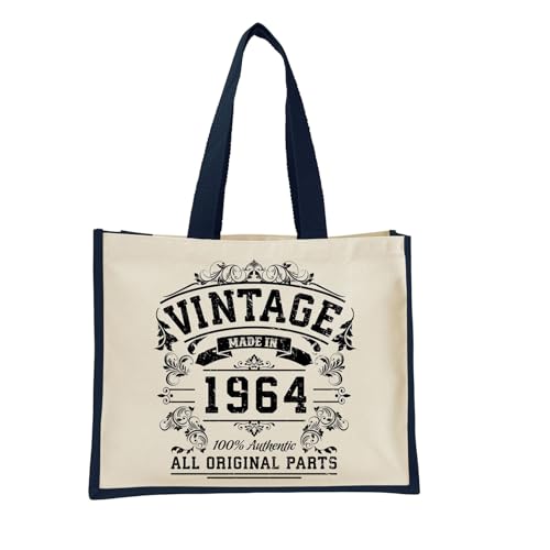 60th Birthday Tote Bag Gifts for Women - Cotton Jute Shoulder Bag, Reusable Bags for Shopping, Gift bags, Book Bag, Travel Bag, Shopper Bags - Original 1964 - BLUE-L