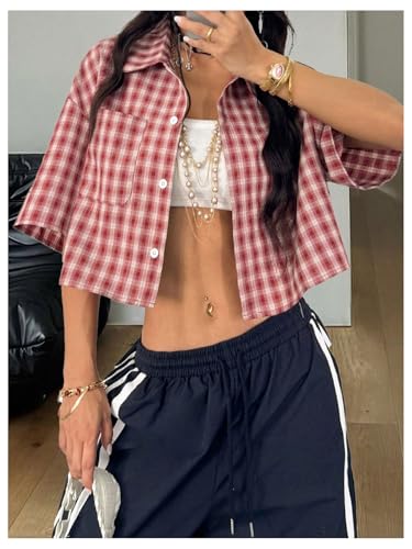 SOLY HUX Women's Button Down Vintage Plaid Shirts Short Sleeve Crop Blouses Preppy Clothes3