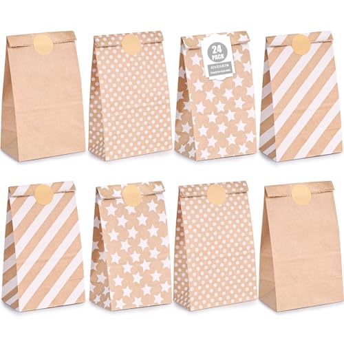 VGOODALL 24 Pack Kraft Paper Bags with Stickers, 4 Styles Party Favor Bags for Christmas, Weddings, Birthdays, Retail, Lunch Treats