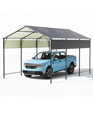 Greesum 10x15FT Metal Carport with Heavy Duty Frame and Galvanized Steel Roof, Vertical Carports with Side Support Rods, Canopy Shelter for Car, Pickup Trucks, Boats, Party, Gray