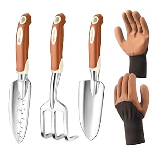 MelonArt Garden Tool Set, 4 Pieces Heavy Duty Gardening Hand Tool Kit Aluminum for Women Men Planting Including Hand Shovel, Transplant Shovel and Hand Rake with Non Slip Rubber Handle and Gloves