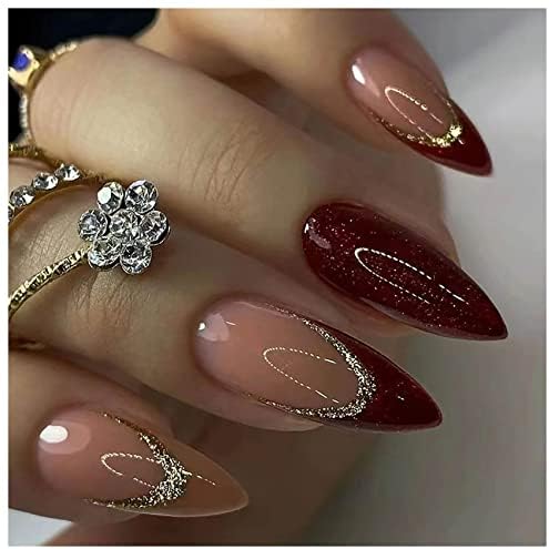 Press on nails short medium french wine red shiny false nails short almond acrylic nails women girls 24 Pcs
