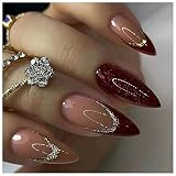Press on nails short medium french wine red shiny false nails short almond acrylic nails women girls