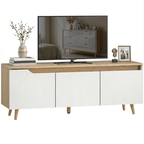 HOMCOM Meuble TV 120 cm, Meuble télé pour téléviseur jusqu'à 55 Pouces avec 3 Portes, étagère réglable, 4 Passe-câbles et 5 Pieds en Bois de pin, Banc...