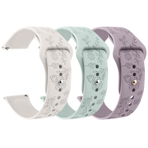 Meliya Silicone Watch Bands Quick Release 20mm 22mm Bands, Floral Engraved Soft Silicone Rubber Sport Replacement Watch Strap for Women Men (Taro Purple+Starlight+Cyan, 22mm)