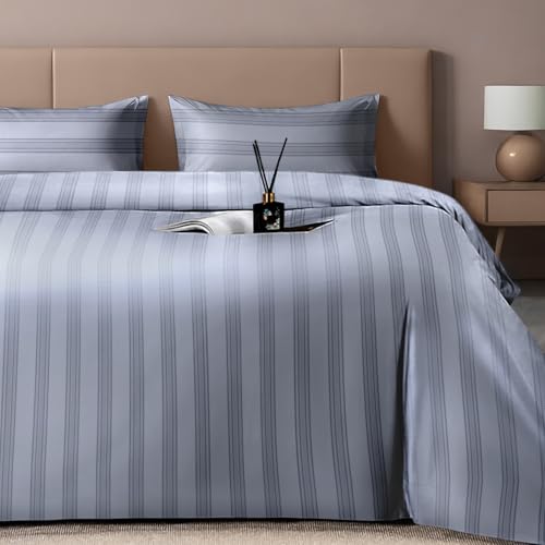 Image of Sassoon Artemis Italian Jacquard Weave Sateen Cotton Bedsheet - 400 TC, Cotton, Stripe Design, King Size (108 x 108 inches), Color: Steel Blue, Soft, Breathable, - 1 Bedsheet + 2 Pillow Covers
