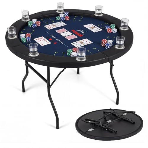Goplus 48" Poker Table Foldable, 8 Player Round Casino Leisure Texas Holdem Game Table with Metal Legs, 8 Cup Holders, Indoor Folding Card Gaming Table for Blackjack & Club, Family Games (Blue)