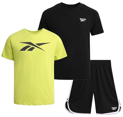 La mejor comparación de Camisetas y camisas deportivas para Niño los mejores 10. 50 Reebok - Conjunto de pantalones cortos deportivos para niños, 3 piezas, ropa de verano con camisetas gráficas y pantalones cortos para correr para niños activos, Negro/Verde, 12