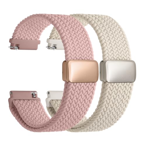 Fullmosa Magnetic Braided Watch Bands - 22mm Quick Release Replacement Wristband, Stretchy Nylon Solo Loop Compatible with Traditional and Smartwatches for Men Women(22mm, Starlight+Pink)