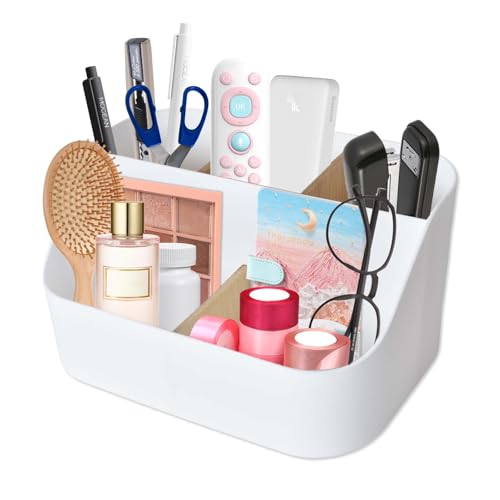 DecorDwell Organisateur de Bureau Multifonctionnel, Rangement en Plastique avec 5 Amovible Compartiments, Multimédia Organiseur pour Papeterie Livre Dossiers...