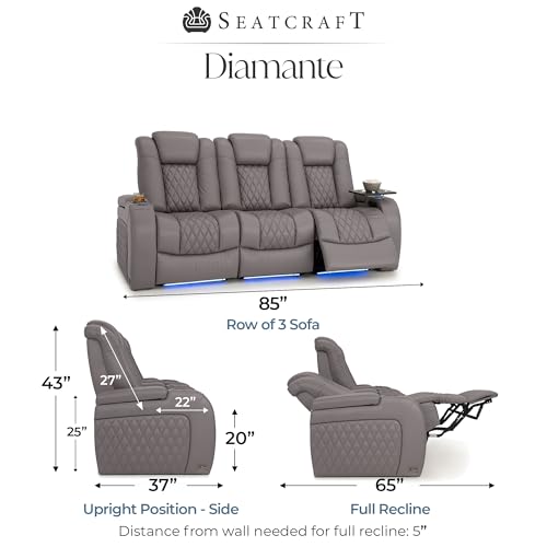 Image of Seatcraft Diamante Gray Italian Leather Home Theater Seating, Zero Gravity Power Recliner Gaming and Home Office Chair, Powered Headrest Lounge Sofa Furniture for Cinema Room, Row of 3 Sofa