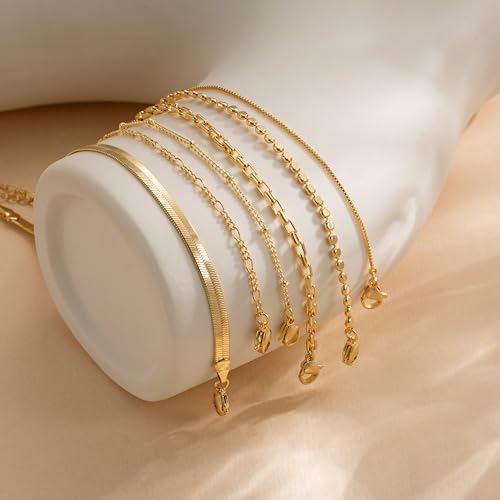 Bracelet for Women - Dainty Stack Bracelets Trendy Adjustable 14K Gold Plated Thin Paperclip Bead Box Satellite Figaro Cuban Link Chain Bracelet Set for Women Waterproof Jewelry Gift