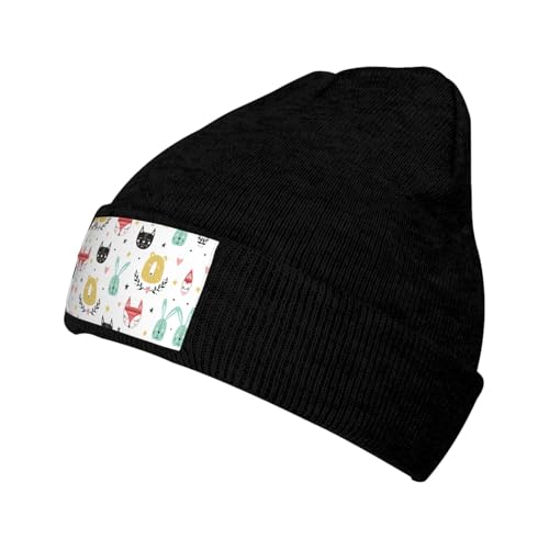 Gorro unisex colorido simple y lindo de animales para hombres y mujeres, gorros de punto de invierno, gorros cálidos con puños a la moda, Negro, Talla única