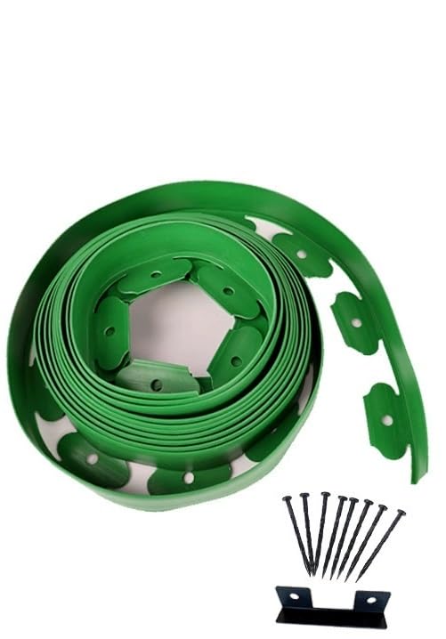 10m Bordura para Jardín con 30 Estacas, Altura 5cm Borde de Césped de Plástico PE en L, Delimitador de Jardín para Parterres, Caminos y Separador de Piedras(15cm*5cm Green)