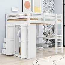 Wood Full Size Loft Bed with Storage Shelves and Drawers, Multi-Function Loft Bed with Built-in Desk and Storage for Kids Teens Adults Bedroom, Maximize Space White-BW