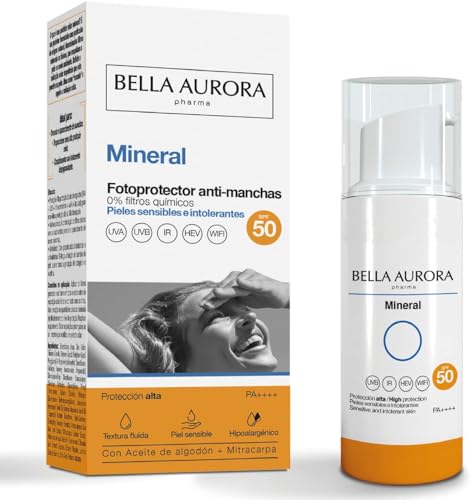 BELLA AURORA - Fotoprotector Antimanchas Mineral SPF 50 50 ml, Protección Facial, Protector Solar Antimanchas, para Pieles Sensibles, Repara e Hidrata la Piel, con Aceite de Algodón y Mitacarpa
