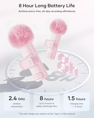 Image of Wireless Lavalier Microphone for iPhone iPad and Android Phone, 2 Pack Lapel Mic Plug and Play Wireless Mic Noise Reduction Microphone for Video Recording Interview Podcast Vlog YouTube Tiktok (Pink)