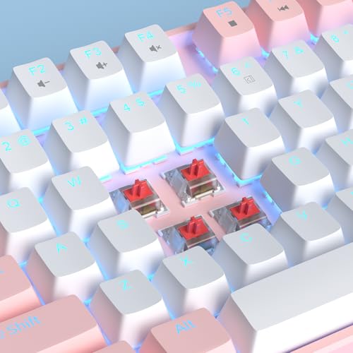 Image of MageGee 75% Mechanical Gaming Keyboard, Red Switch, LED Blue Backlit, 87 Keys Compact TKL Wired Computer Keyboards for Windows Laptop PC Gamer - White /Pink