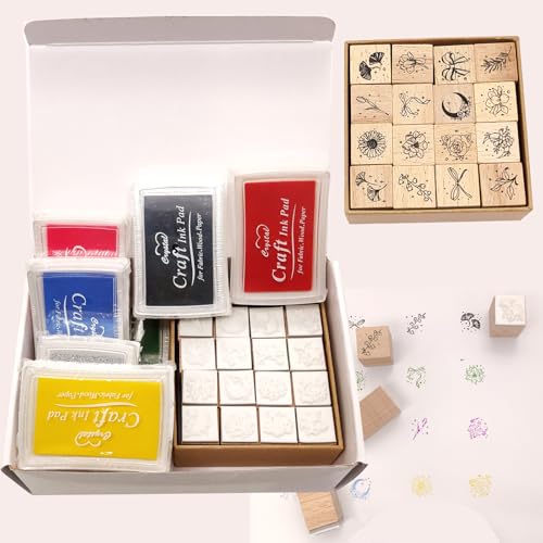 HRJZF of 24 Pcs Rubber Stamp and Craft Ink Set 16 Pcs Wooden Rubber Stamps 8 Pcs Ink Pad for Craft DIY Card and Scrapbooking - Thumbnail 5