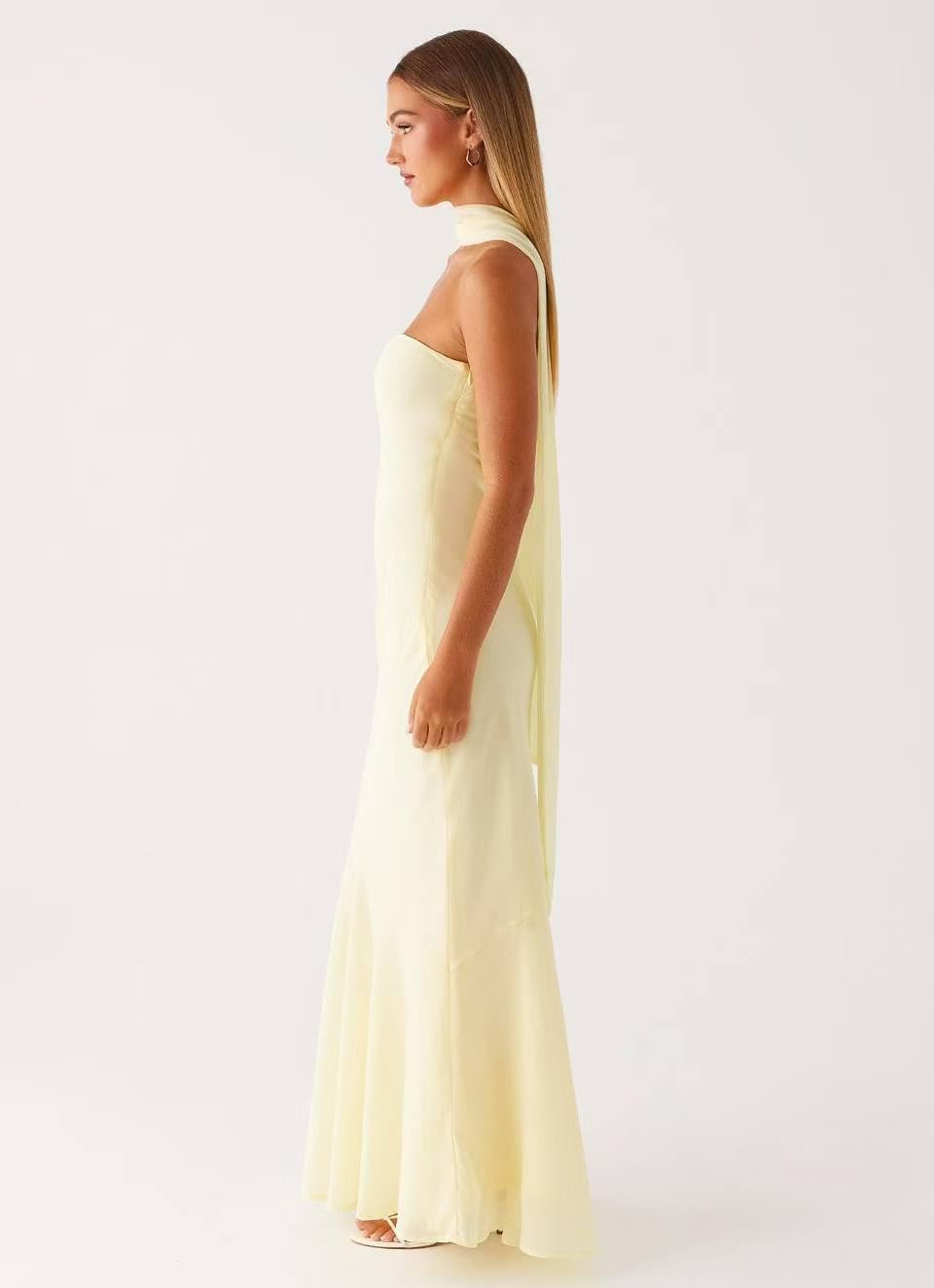 Women's Floral Tube Maxi Dress with Scarf - Y2k Strapless Bodycon Long Dress, Mesh Formal Cocktail Sundress LightYellow S