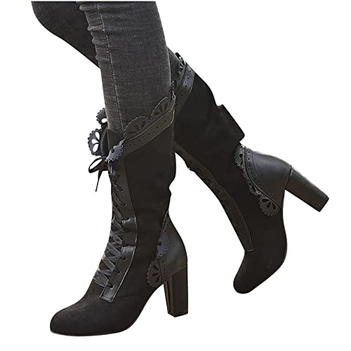 Ctreela Western Cowgirl Mid Calf Boots Lace up Retro Cowboy Boots Chunky Mid Heel Riding Boot Fashion Winter Shoes for Women