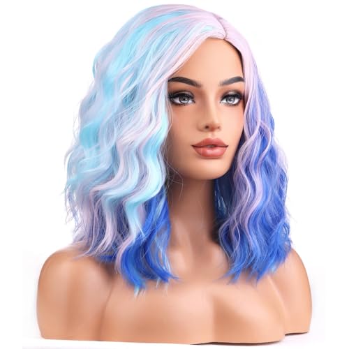 BERON Pink and Blue Wigs for Womens Short Curly Wavy Wig Girls Colorful Side Part Wigs Shoulder Length Heat Resistant Synthetic Cosplay Party or Daily Use Wigs