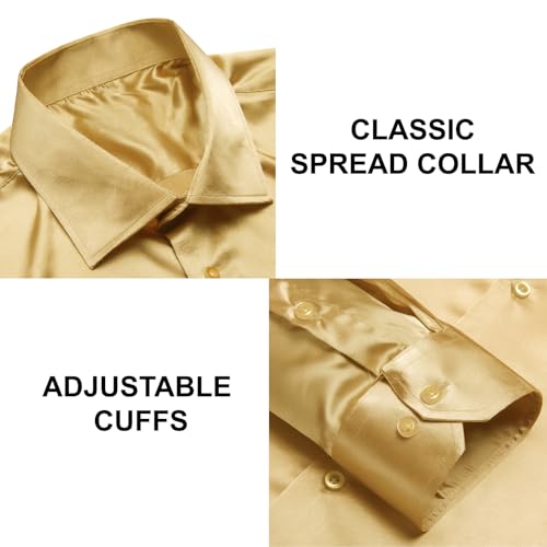 Image of Hi-Tie Men's Silk Satin Dress Shirts Long Sleeve Shiny Casual Button Up Shirts Luxury Party Disco Prom Wedding Shirt