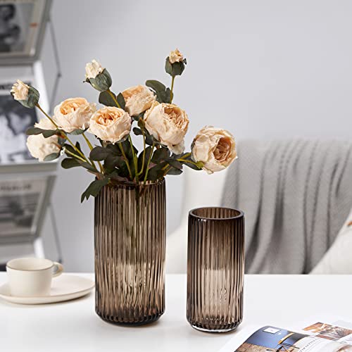 Timefoto Flower Vase 7.5 Inch Amber Thickened Hand Blow Glass Vase Round Vintage Striped Bottles For Bookshelf,Dinner Table,Indoor Office Desktop,Meeting Room,Bathroom,Countertop,Home #TOP1
